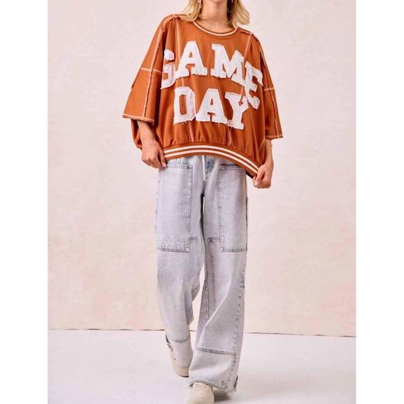 BIBI Tops - NEW BIBI gameday patchwork stitch detail french terry top in burnt orange/white